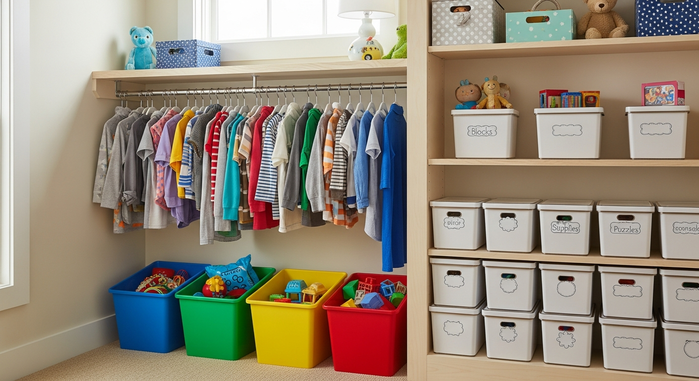 Organized kids closet with labeled bins and lowered hanging rod